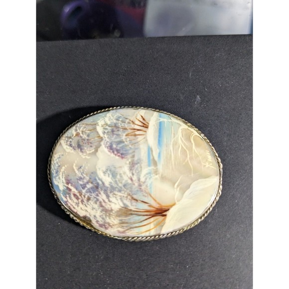 Russian Fedoskino Mother of Pearl Brooch Hand Painted Winter Landscape Signed - Picture 3 of 7